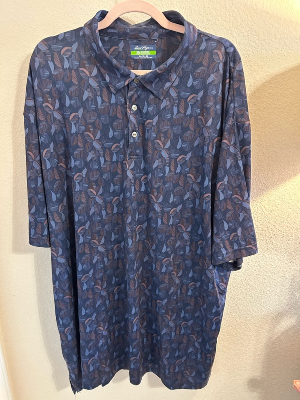 Hogan Navy Leaf-Print Polo with Blue and Brown Leaves